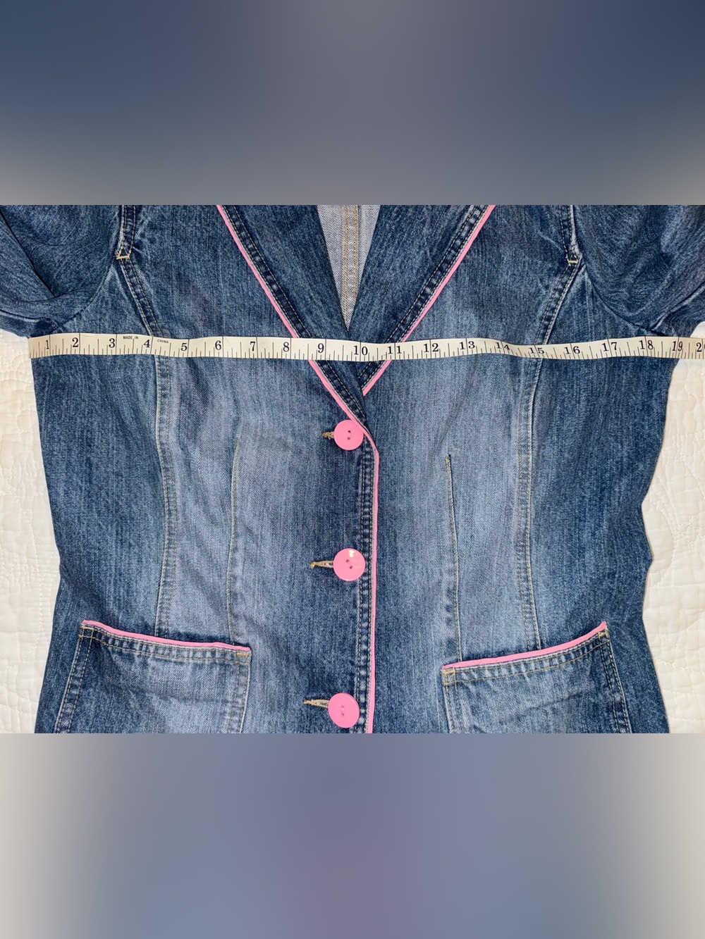 Crazy Horse Denim Blazer Jean Jacket Pink Trim Button Front Medium Y2K - Picture 8 of 10